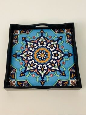 Persian Tile Wooden Serving Tray Seven Colors Tile Design, Hand-painted Ceramic